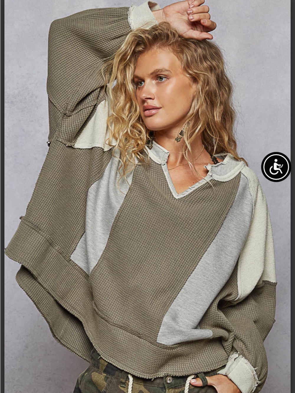 POL French Terry and Thermal Multi fabric V Neck Long Sleeve Top